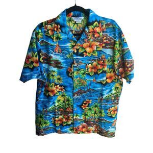Vtg 70s Island Scape Blue Luau Aloha Dolphin California Hawaiian Shirt Men LARGE